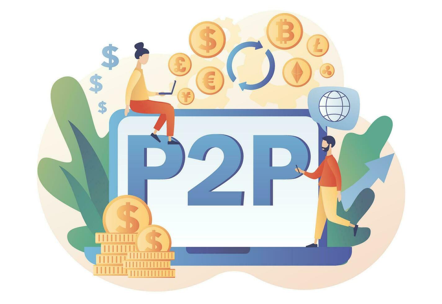 Peer-to-peer trading online. P2P lending. Tiny people invest e-money. Investment in loan. Deposit agreement. Cryptocurrency. Modern flat cartoon style. Vector illustration on white background