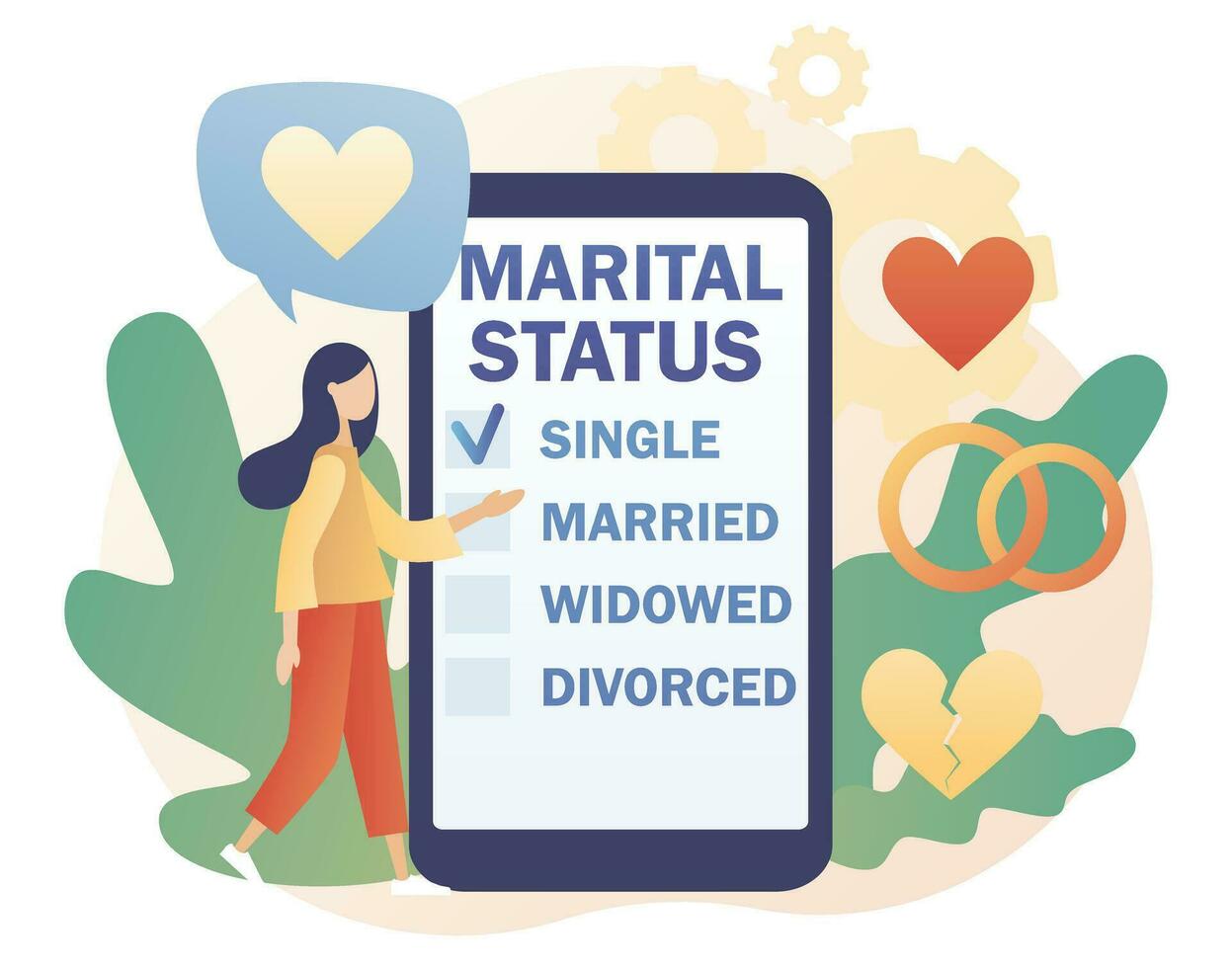 Marital status. Checkbox list with single, married, widowed and divorced options for tiny people in smartphone app. Legal status change. Relationship concept. Modern flat cartoon style. Vector