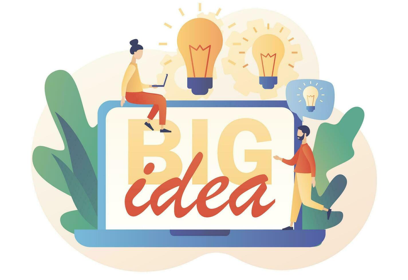 Big idea. Tiny people inspiration developing new business ideas online. Light bulb. Innovative lamp. Thinking and brainstorm. Modern flat cartoon style. Vector illustration on white background