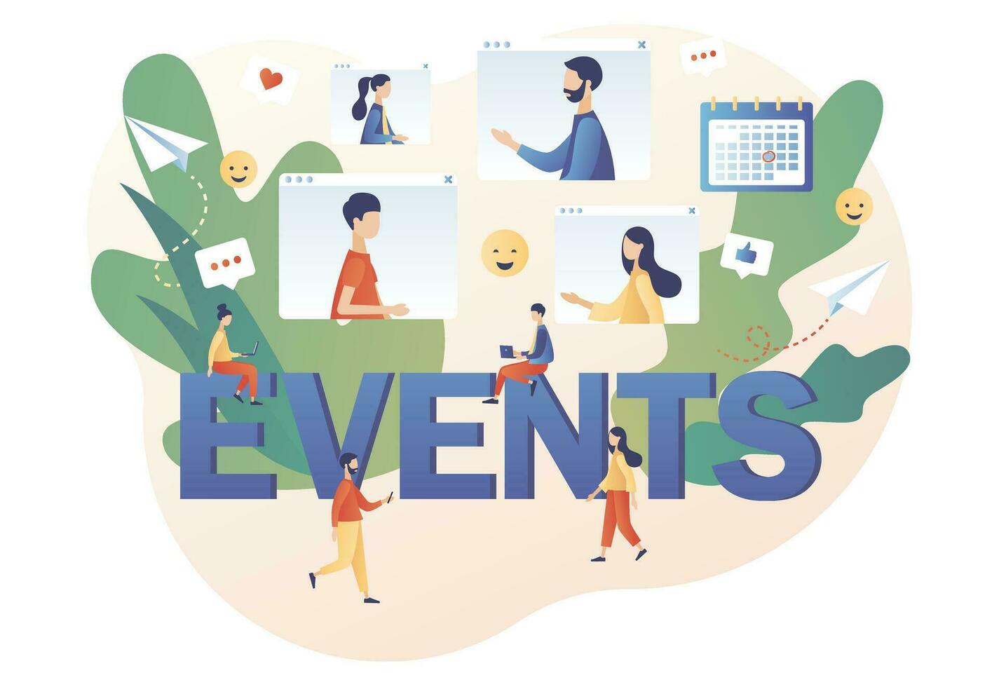 Online corporate party, meeting friends and colleagues. Events - big text. Tiny people team celebration on video chat. Video conference. Modern flat cartoon style. Vector illustration