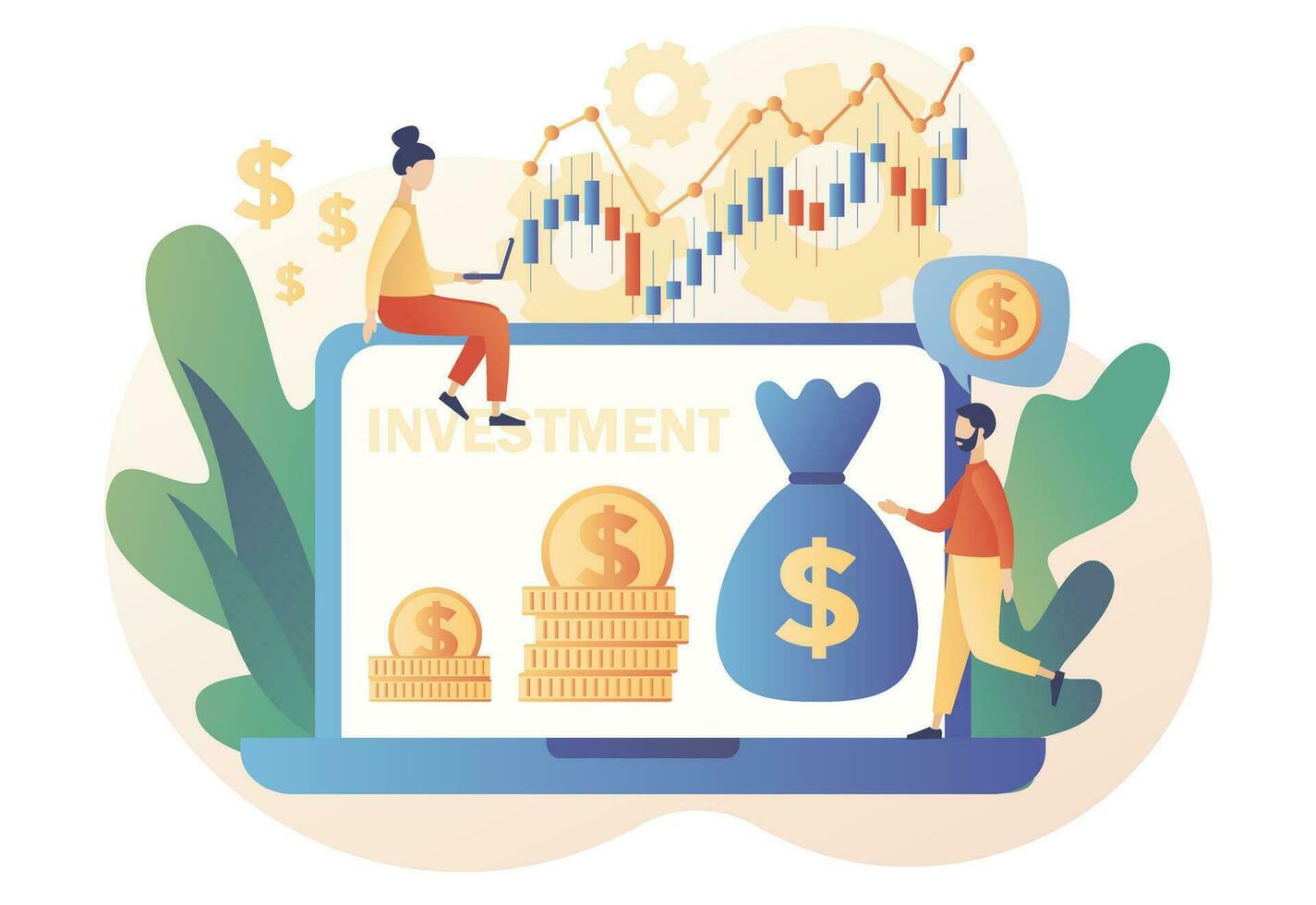 Investment and business concept. Tiny people grow financial capital online. Investor strategy. Metaphor of income and revenue. Modern flat cartoon style. Vector illustration on white background