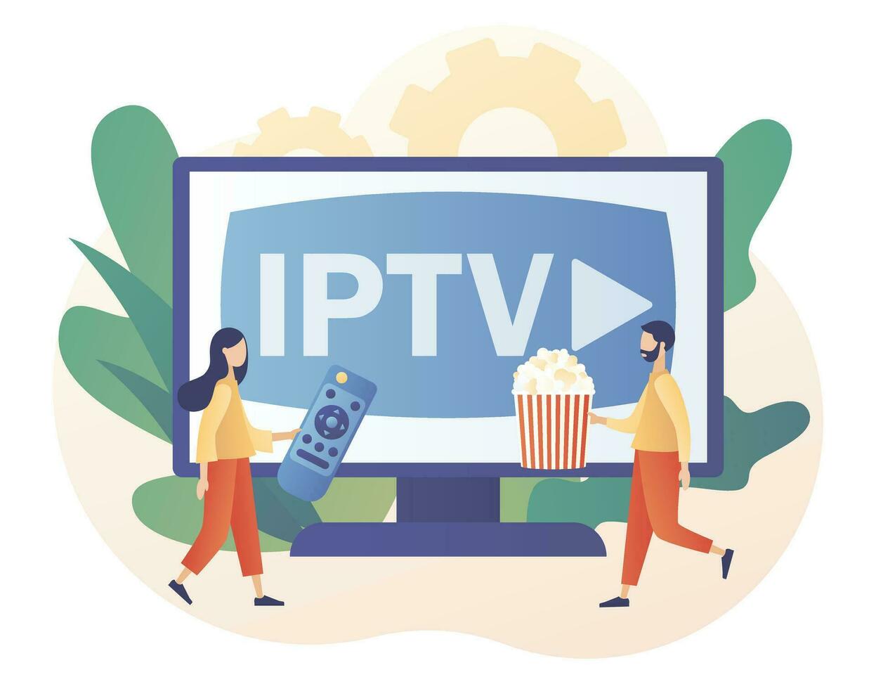 Internet protocol television. IPTV concept. Tiny people watch digital media TV stream with popcorn. Smart multimedia technology. Modern flat cartoon style. Vector illustration on white background