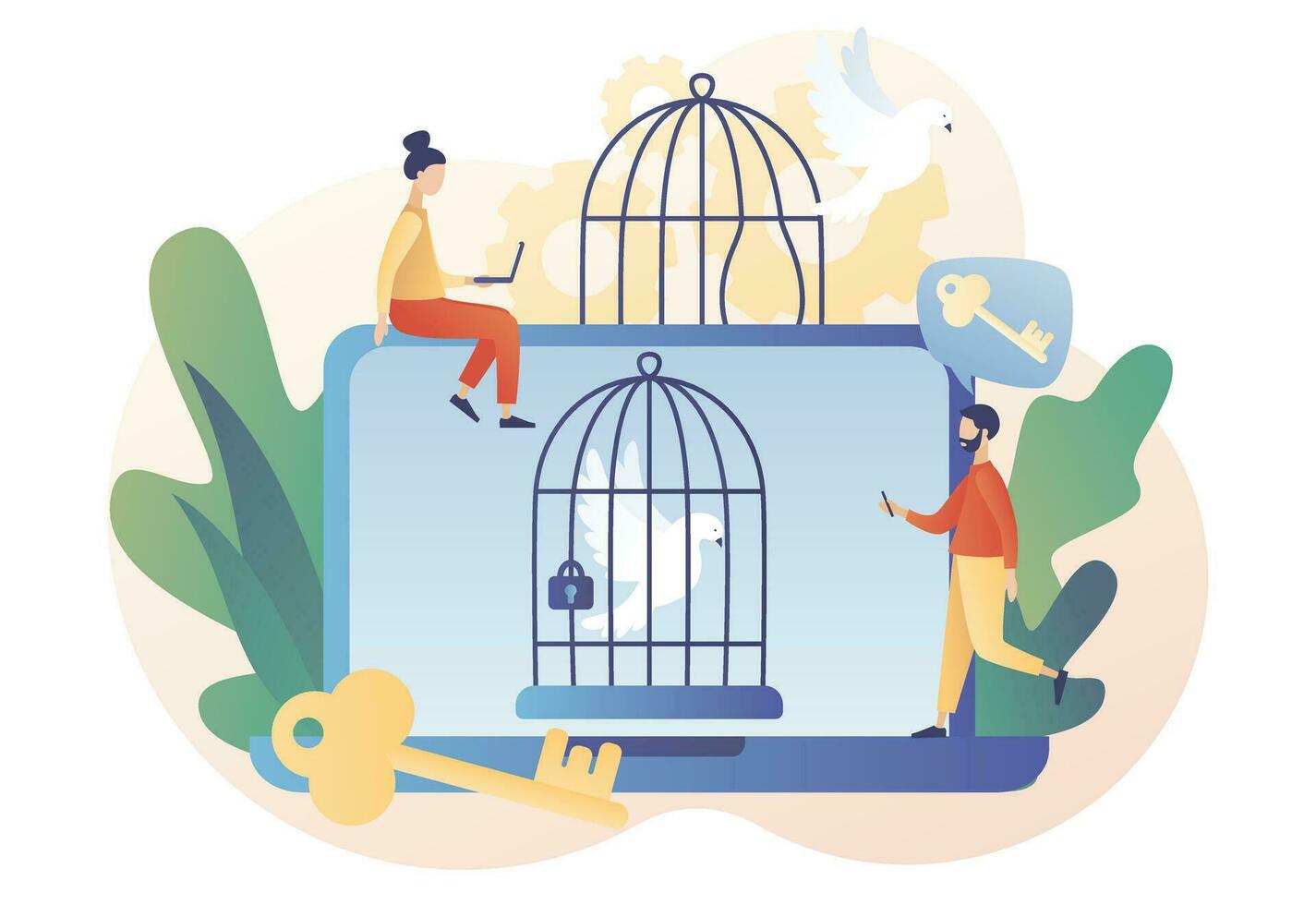 Freedom concept. Bird fly out of cage as step out of inner prison metaphor. Mind prison psychological. Comfort zone. Personal development. Modern flat cartoon style. Vector illustration