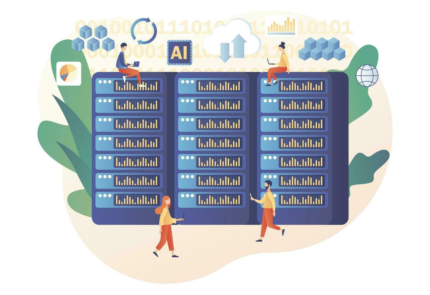 Big data concept. Tiny people data engineers. Data science and jobs. Data analysis. Developer career. Modern flat cartoon style. Vector illustration on white background