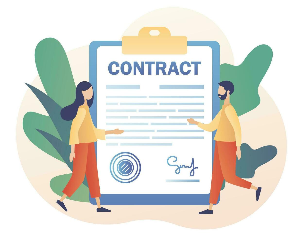 Contract concept. Tiny man and wonan signing agreement, legal document or contract online. Digital signature. Modern flat cartoon style. Vector illustration on white background