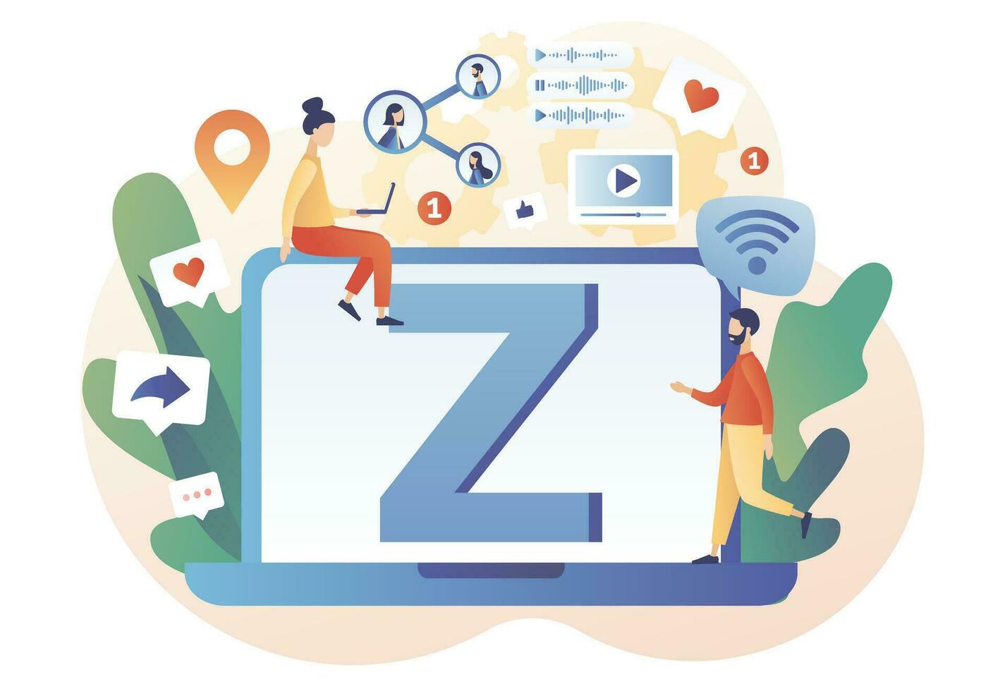 Generation Z. Online lifestyle. Internet culture. Progressive young teens using technology and gadget to communicate. New and modern demography trend. Modern flat cartoon style. Vector illustration