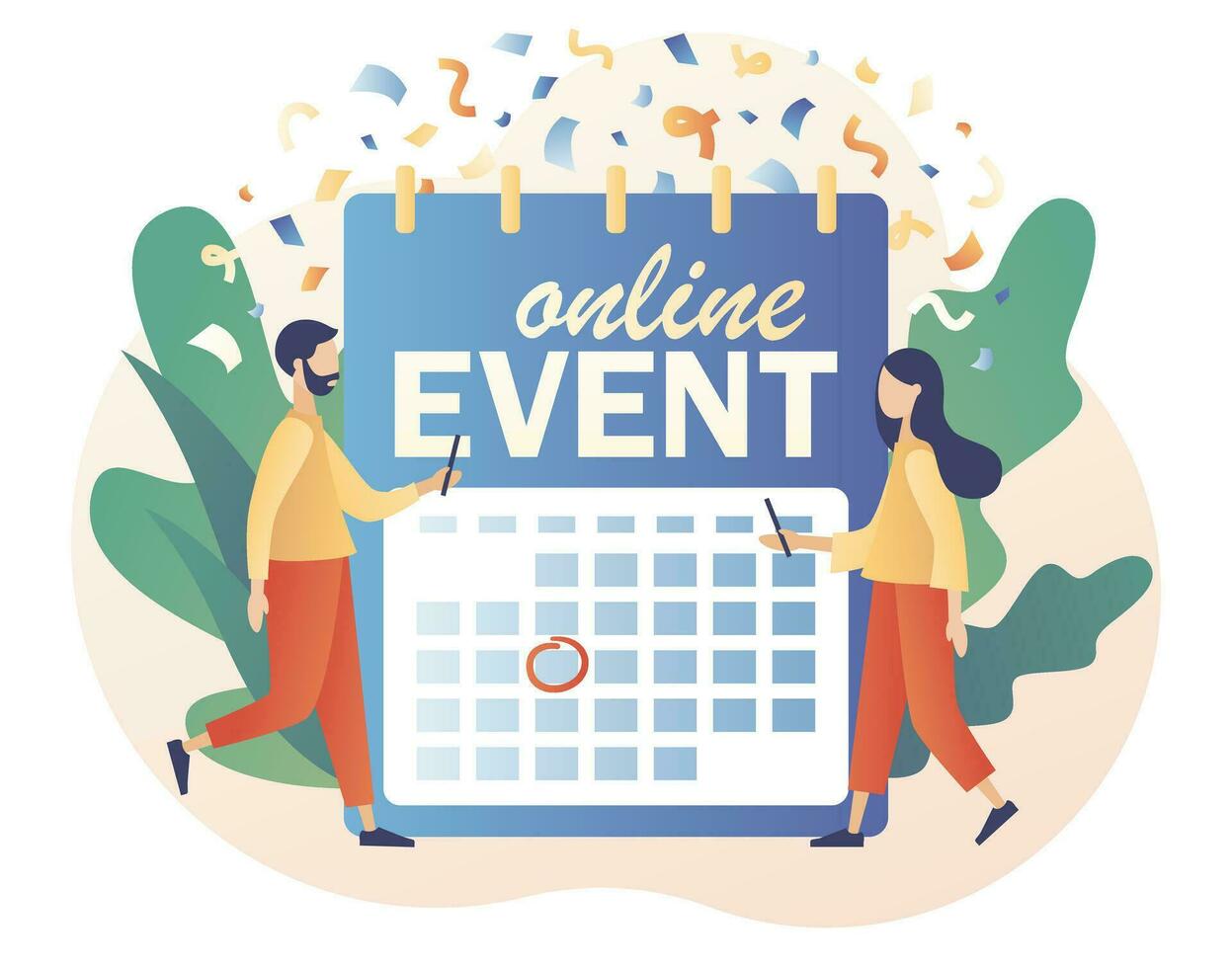 Online events scheduled on the calendar. Tiny people celebration. Corporate party, meeting friends and colleagues. Video conference. Modern flat cartoon style. Vector illustration on white background