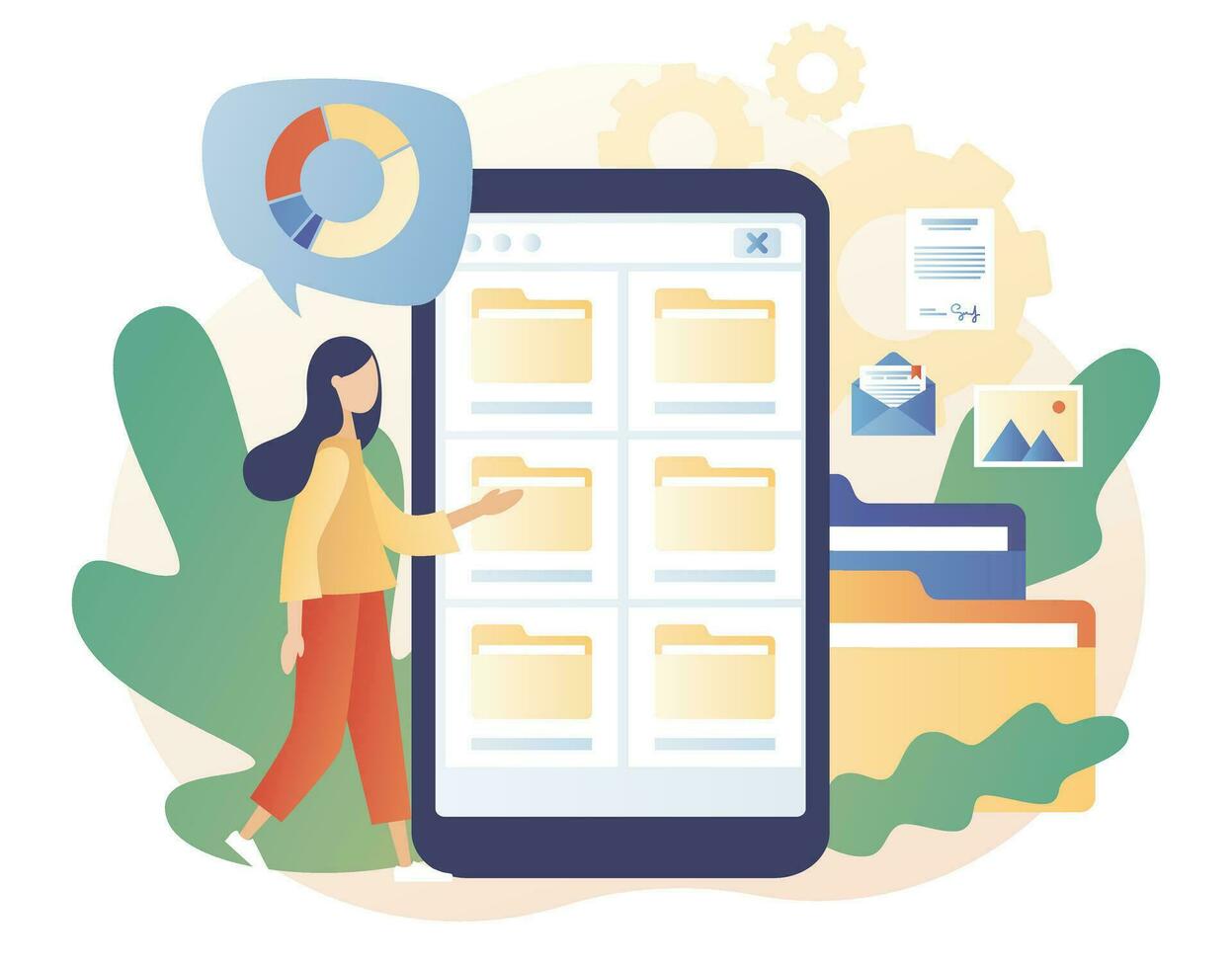 File management concept. Tiny woman search files on smartphone. Data storage. Folders, documents and media content. Modern flat cartoon style. Vector illustration on white background