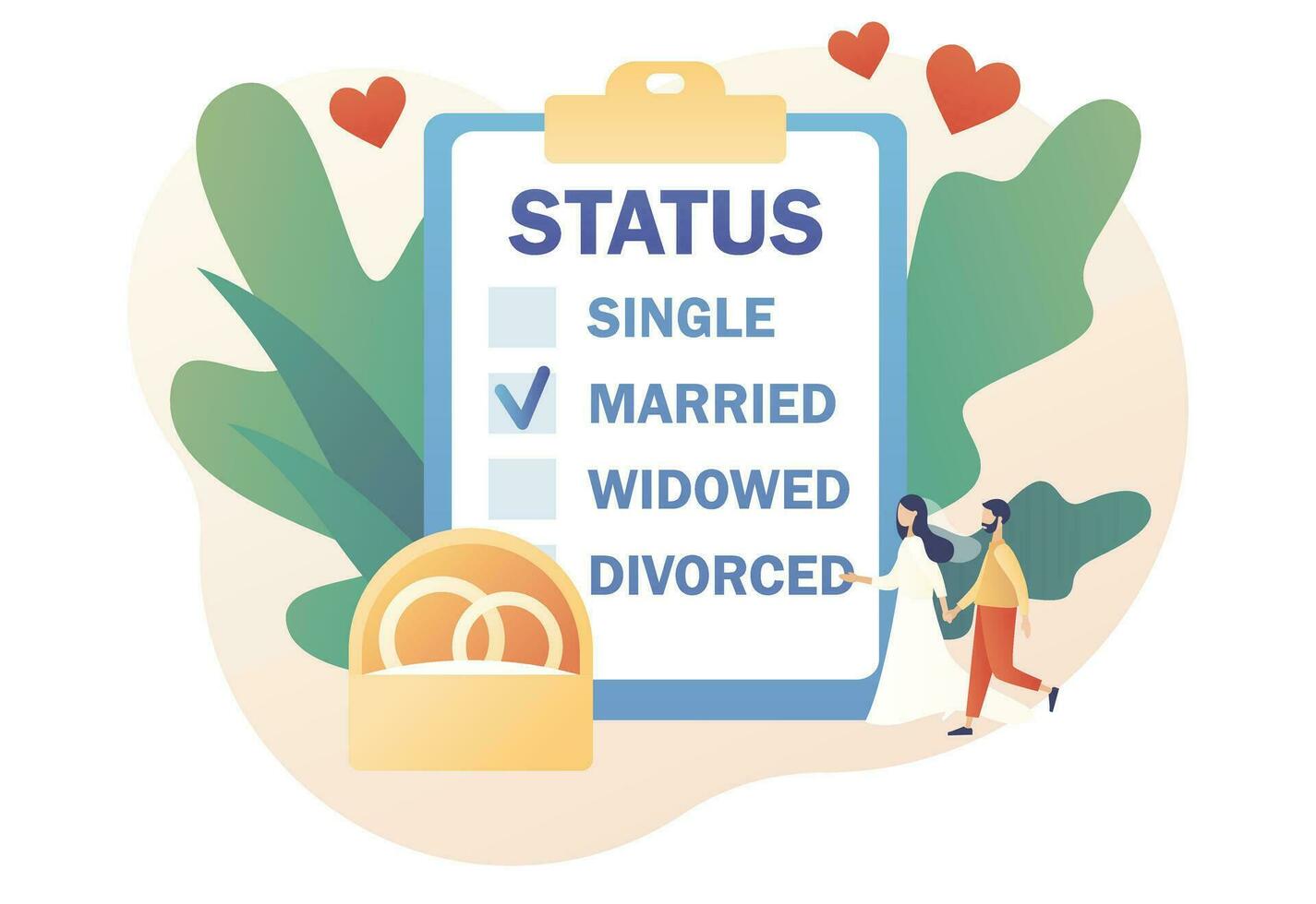 Marital status of couple. Legal status change. Checkbox list with single, married, widowed and divorced options for tiny people. Wedding concept. Modern flat cartoon style. Vector illustration