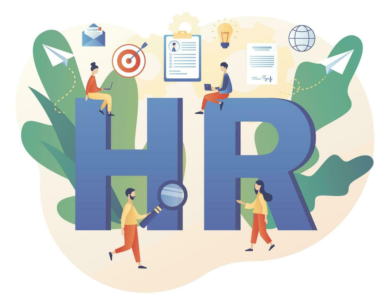 Human Resources management. HR department. Employer hiring candidates. Recruitment agency, employment, headhunting business. Modern flat cartoon style. Vector illustration on white background