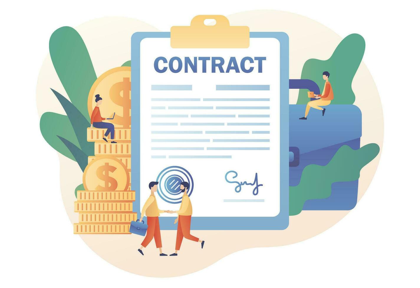 Contract concept. Tiny business people shaking hands and signing agreement, legal document or contract online. Digital signature. Modern flat cartoon style. Vector illustration on white background