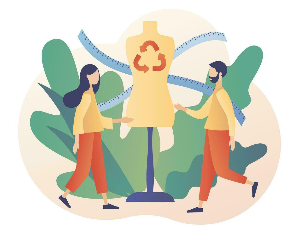 Slow fashion concept. Sustainable fashion. Ethical fabric. Mannequin. Reuse, reduce, recycle. Eco-friendly manufacturing. Natural and quality clothes. Modern flat cartoon style. Vector illustration