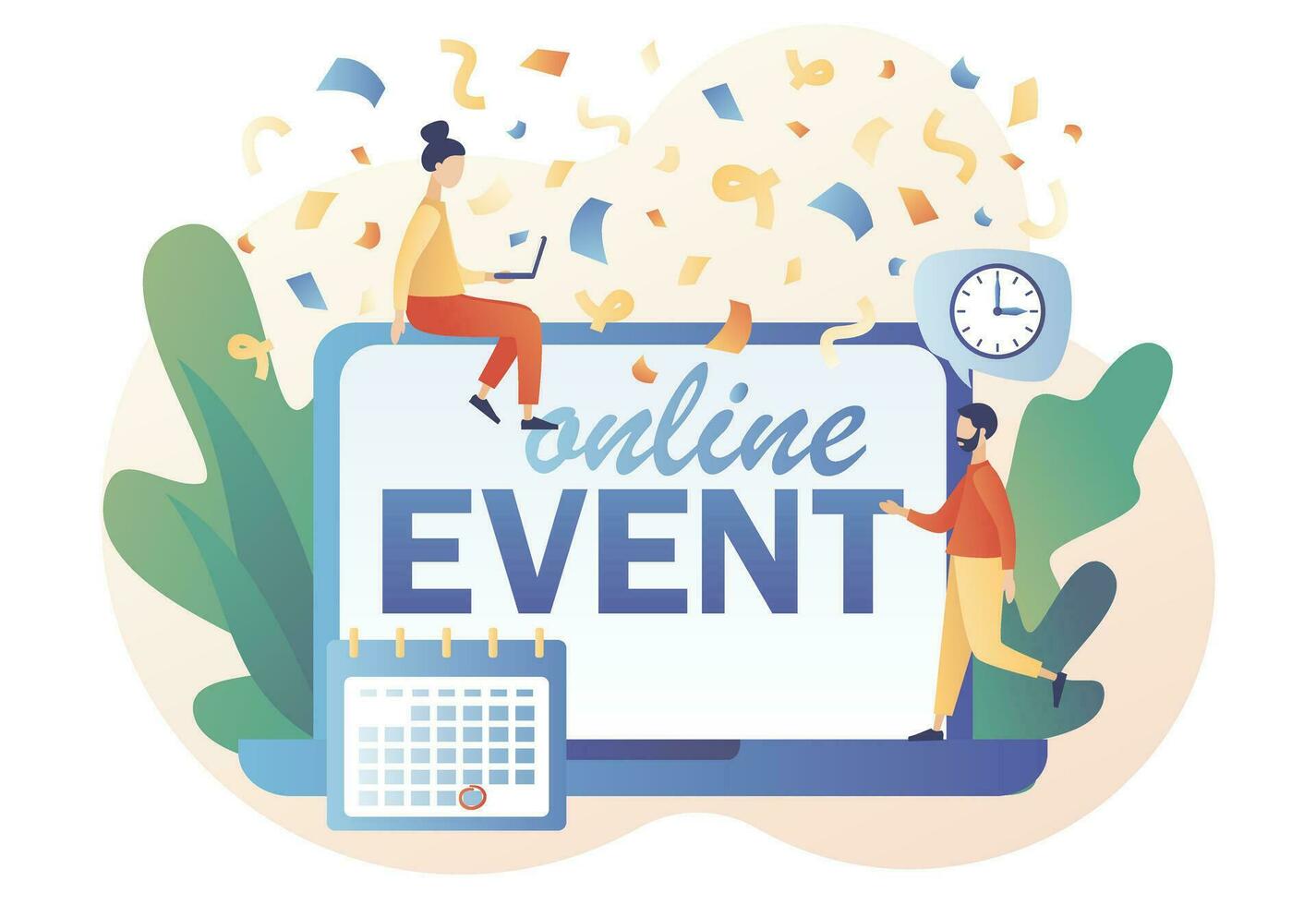 Corporate party, meeting friends and colleagues. Online events - text on laptop screen. Video conference. Tiny people celebration. Modern flat cartoon style. Vector illustration on white background