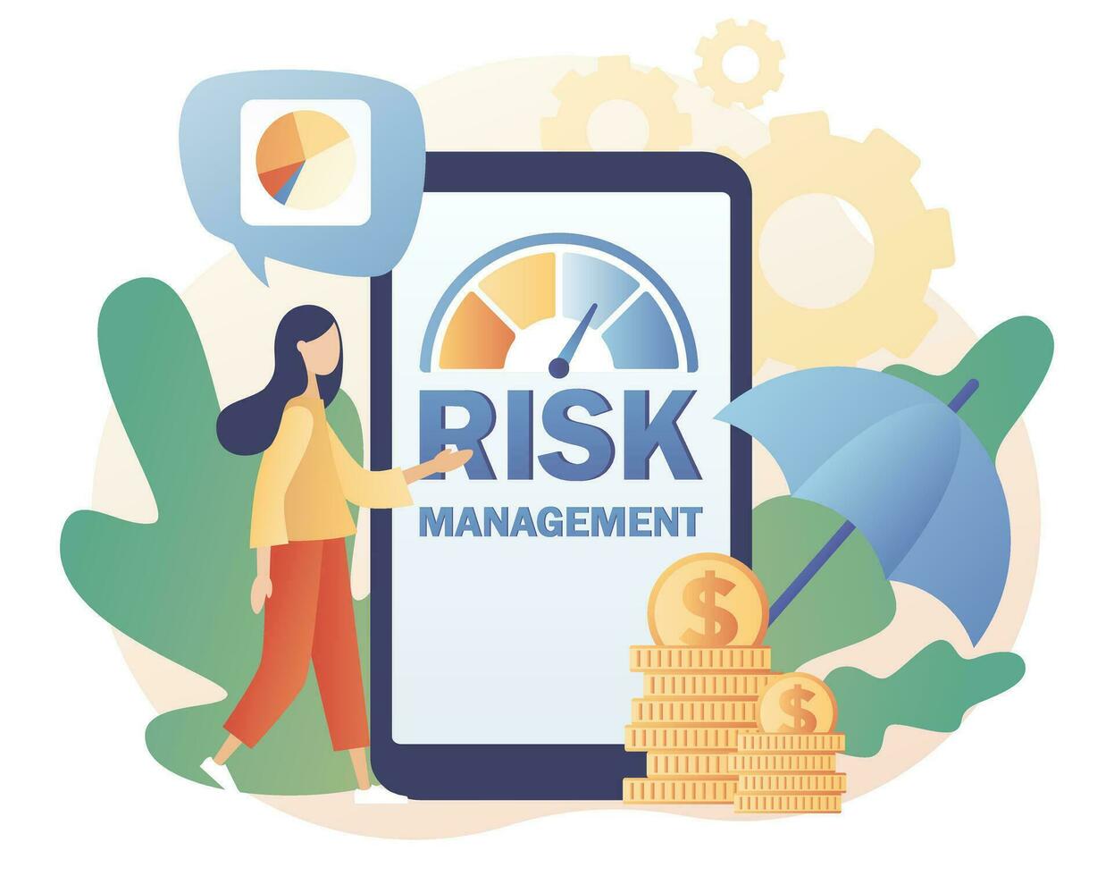 Risk management. Tiny woman review, evaluate, analysis risk. Risk assessment online. Business and investment concept. Risk levels knob. Modern flat cartoon style. Vector illustration
