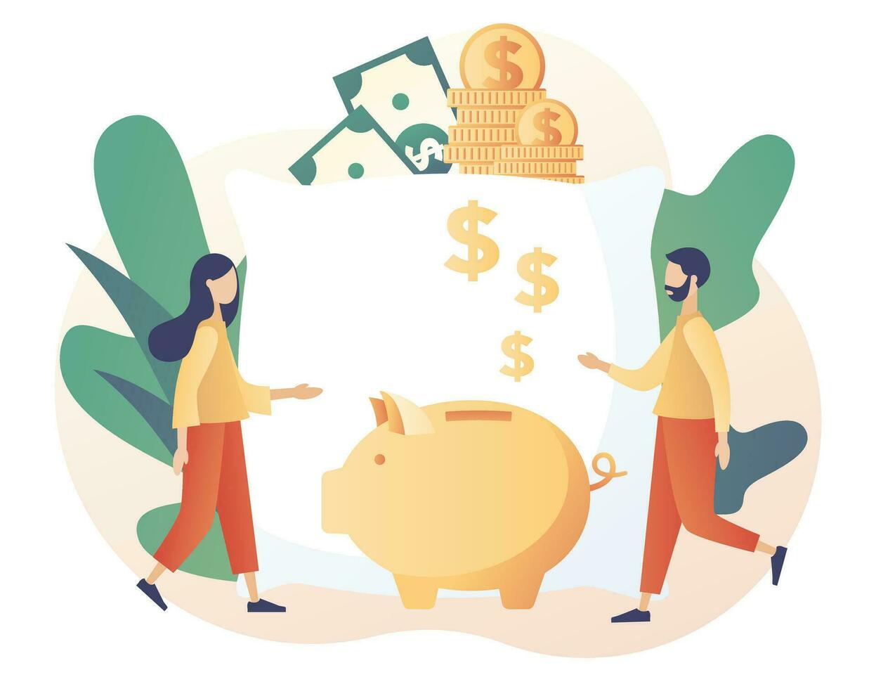 Money pillow. Piggy bank. Personal finance, money savings, emergency support fund, personal capital, insurance. Tiny people growth financial. Modern flat cartoon style. Vector illustration