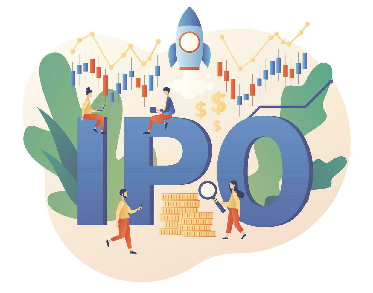 Initial public offering. IPO concept. Tiny people investors ivest stock market shares. Company growth. Passive income. Investment. Modern flat cartoon style. Vector illustration on white background