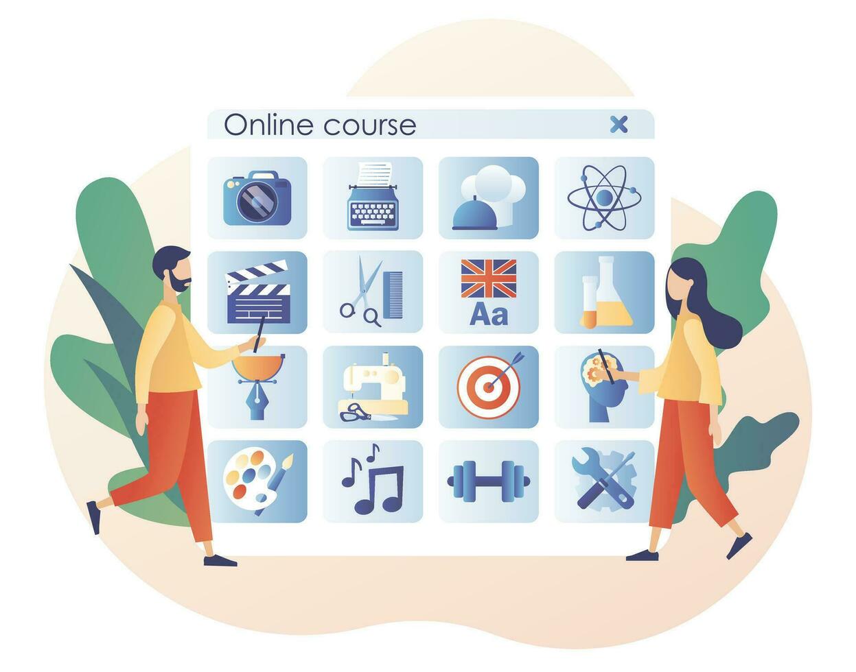 Online courses. Distance education. E-learning concept. Tiny people learn, watch webinars on online service or platform. Modern flat cartoon style. Vector illustration on white background