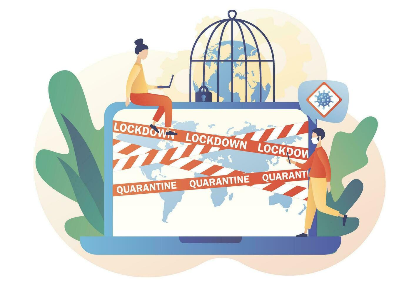 Warning stripes quarantine with Earth map. Planet Earth in cage. Lockdown in world countries. Stop COVID-19 Coronavirus. Danger zone. Modern flat cartoon style. Vector illustration on white background