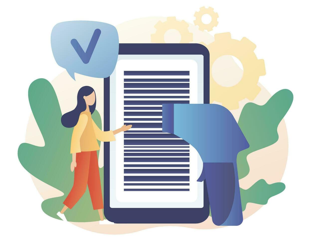 Bar code in smartphone app. Tiny people scan bar-code. Handheld barcode scanner. Modern flat cartoon style. Vector illustration on white background