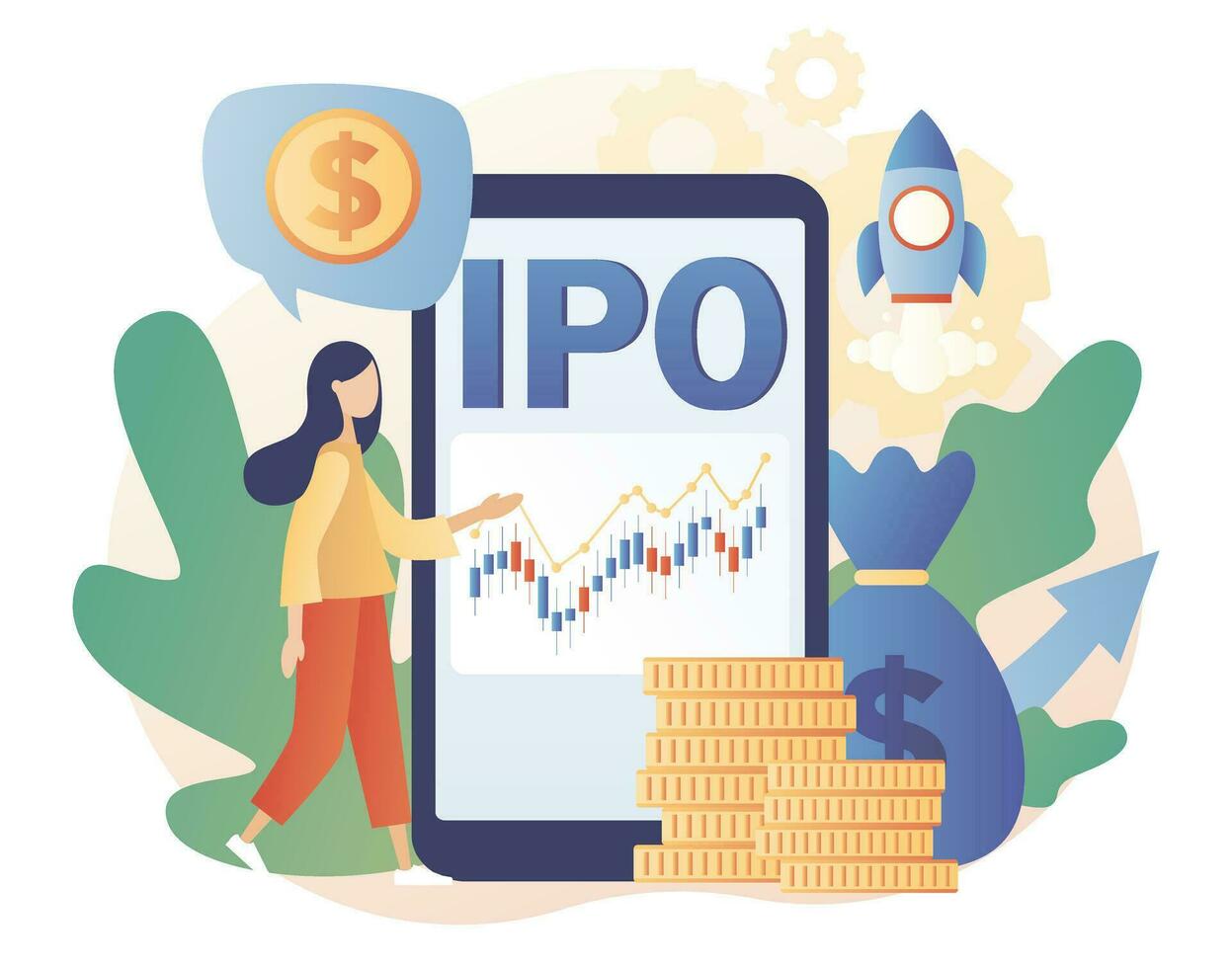 inicial público ofrecimiento. ipo concepto. minúsculo mujer inversor invertir valores mercado Comparte vía teléfono inteligente aplicación empresa crecimiento. pasivo ingreso. inversión. moderno plano dibujos animados estilo. vector ilustración