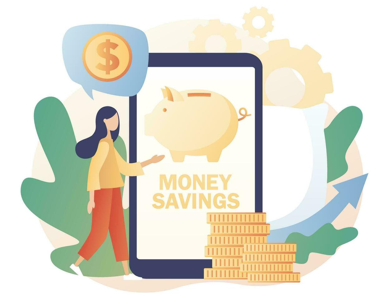 Money pillow online. Piggy bank smartphone app. Personal finance, money savings, emergency support fund, personal capital, insurance. Tiny woman growth financial. Modern flat cartoon style. Vector