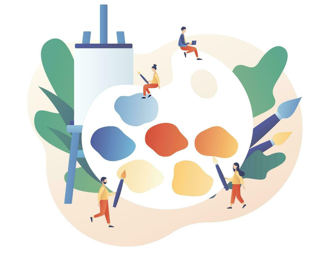 Art school or studio. Artist.Tiny people artists with big pallete, canvas on easel and brushes. Art workshop. Artist create picture. Modern flat cartoon style. Vector illustration on white background