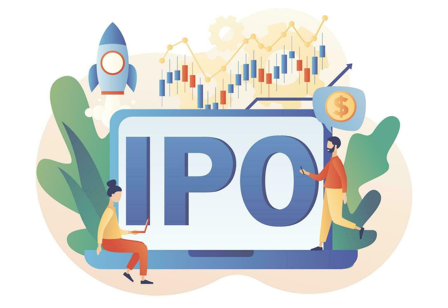 Initial public offering. IPO concept. Tiny people investors ivest stock market shares online. Company growth. Passive income. Investment. Modern flat cartoon style. Vector illustration