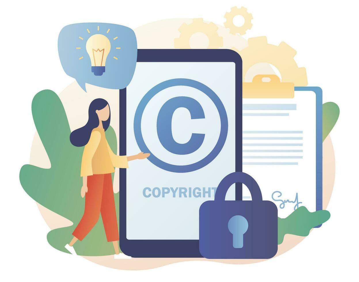 Intellectual property. Copyright. Tiny woman author protecting idea's legal information with trademark online. Trading data licenses. Modern flat cartoon style. Vector illustration on white background