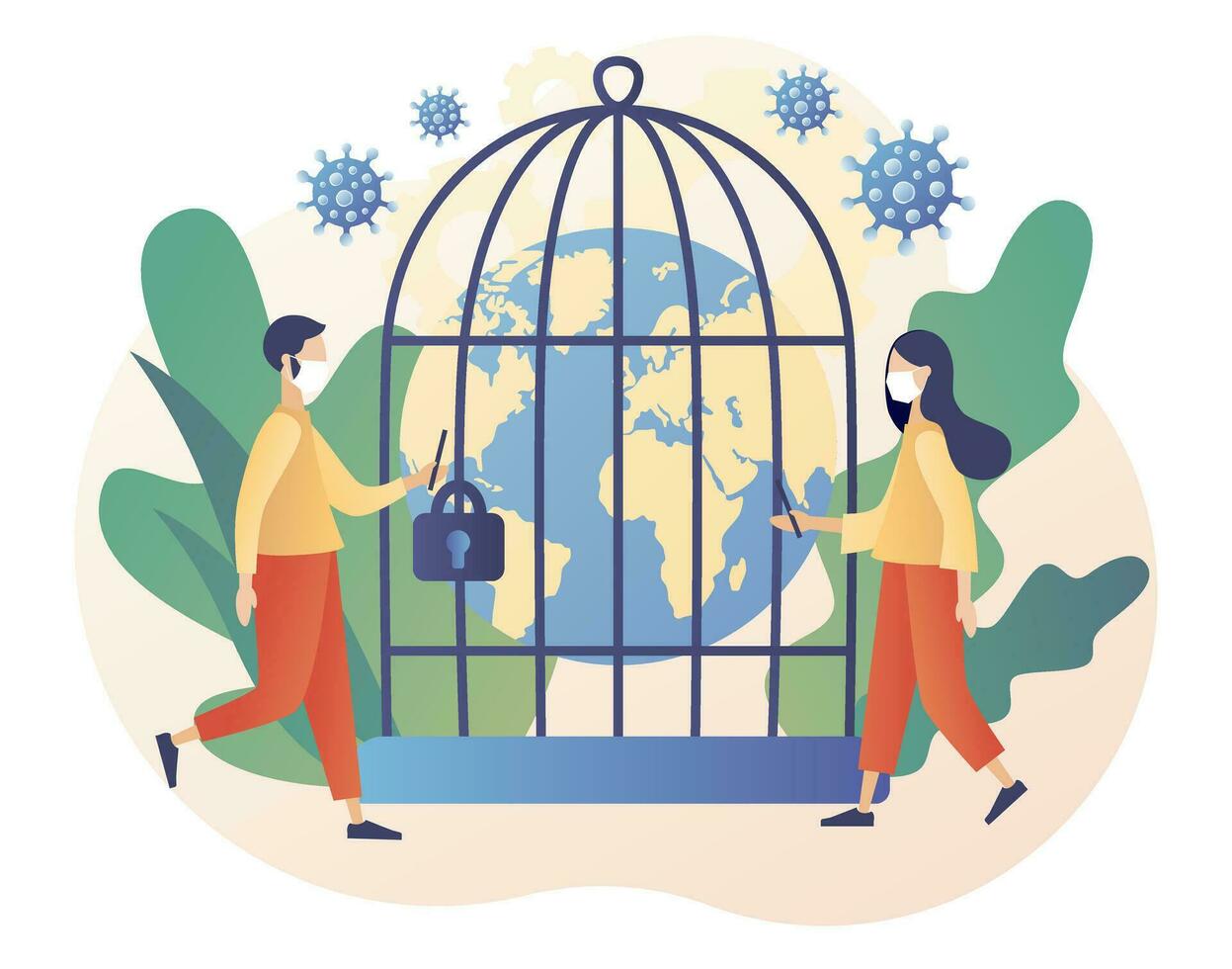 Planet Earth globe in cage as metaphore quarantine in world. Lockdown in world countries. Stop COVID-19 Coronavirus. Danger zone. Modern flat cartoon style. Vector illustration on white background