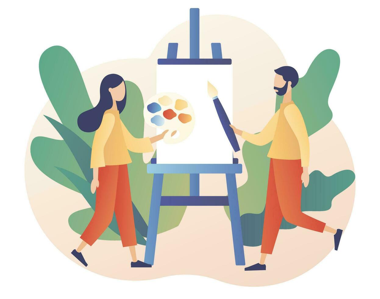 Art school or studio. Artist. Tiny people artists with canvas on easel, pallete and brushes. Art workshop. Create picture. Modern flat cartoon style. Vector illustration on white background