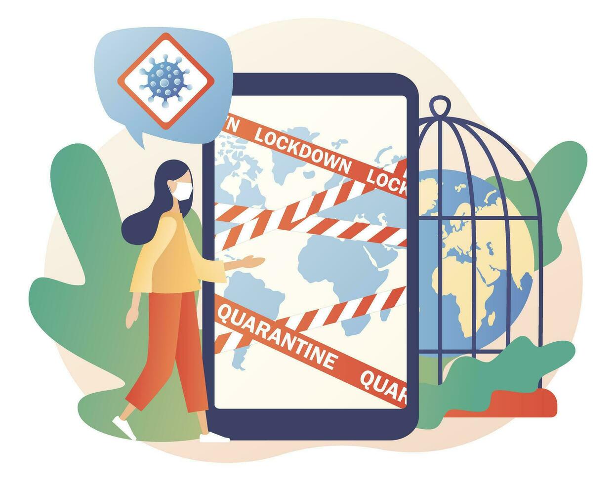 Lockdown in world countries. Warning stripes quarantine with Earth map. Planet Earth in cage. Stop COVID-19 Coronavirus. Danger zone. Modern flat cartoon style. Vector illustration on white background