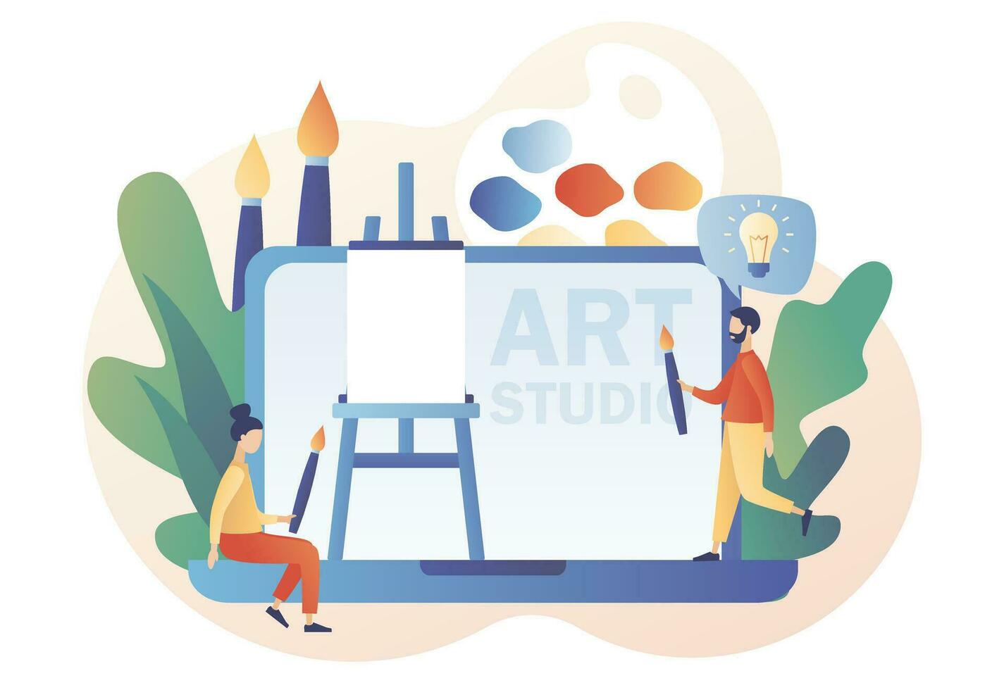 Art school or studio online. Artist. Tiny people artists with canvas on easel on laptop screen, pallete and brushes. Art workshop. Create picture. Modern flat cartoon style. Vector illustration