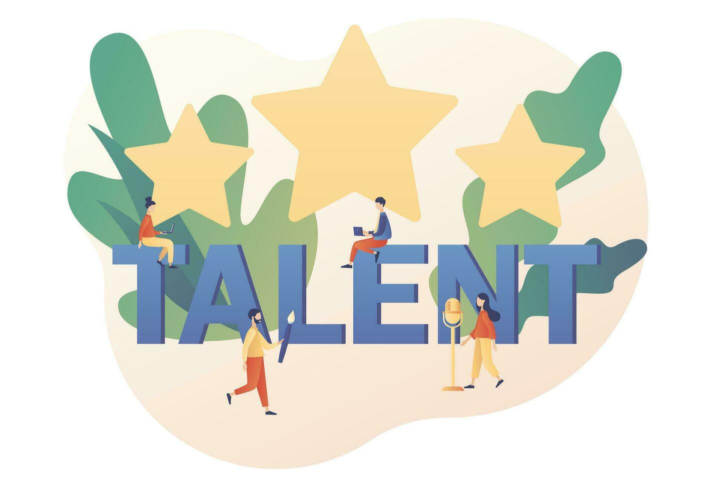 Talented tiny people. Super stars. Talent - big text. Open your potential. Modern flat cartoon style. Vector illustration on white background