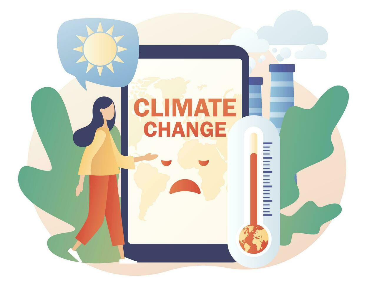 clima cambio - texto en teléfono inteligente pantalla. minúsculo mujer molesto salvar planeta tierra. global calentamiento concepto. mundo ambiente día. ecología peligros, aire contaminación. moderno plano dibujos animados estilo. vector