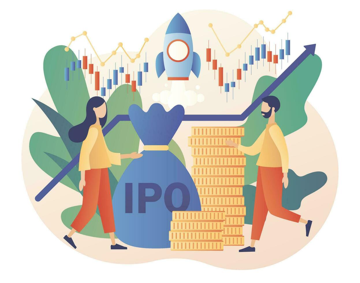 Initial public offering. IPO concept. Investment. Tiny people investors ivest stock market shares. Company growth. Passive income. Modern flat cartoon style. Vector illustration on white background