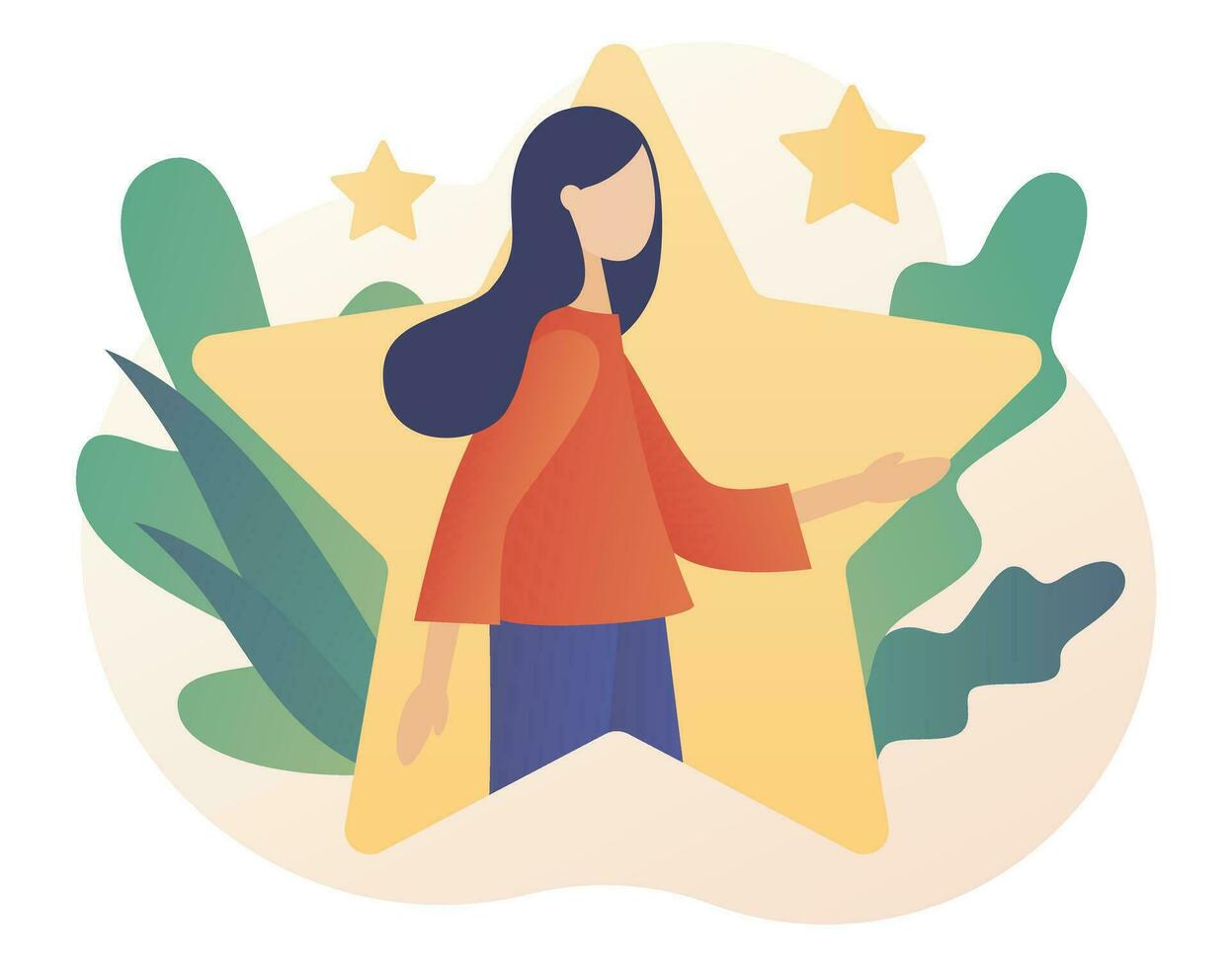 Talented tiny woman in big star. Super star. Talent concept. Open your potential. Modern flat cartoon style. Vector illustration on white background
