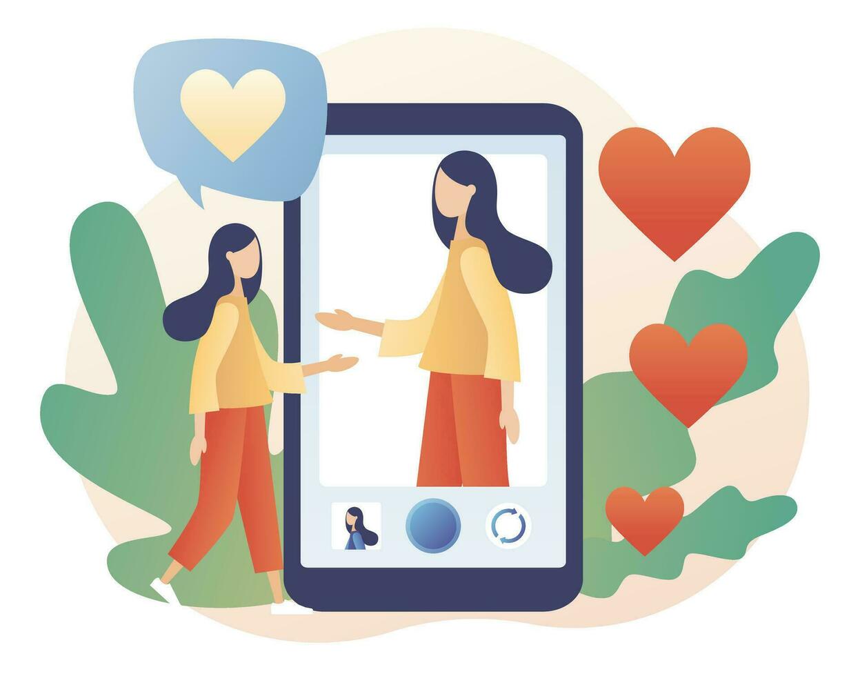 Confident strong woman in smartphone screen does selfie. Self confidence. Self-image. Self love. Self development. Motivation. Modern flat cartoon style. Vector illustration on white background