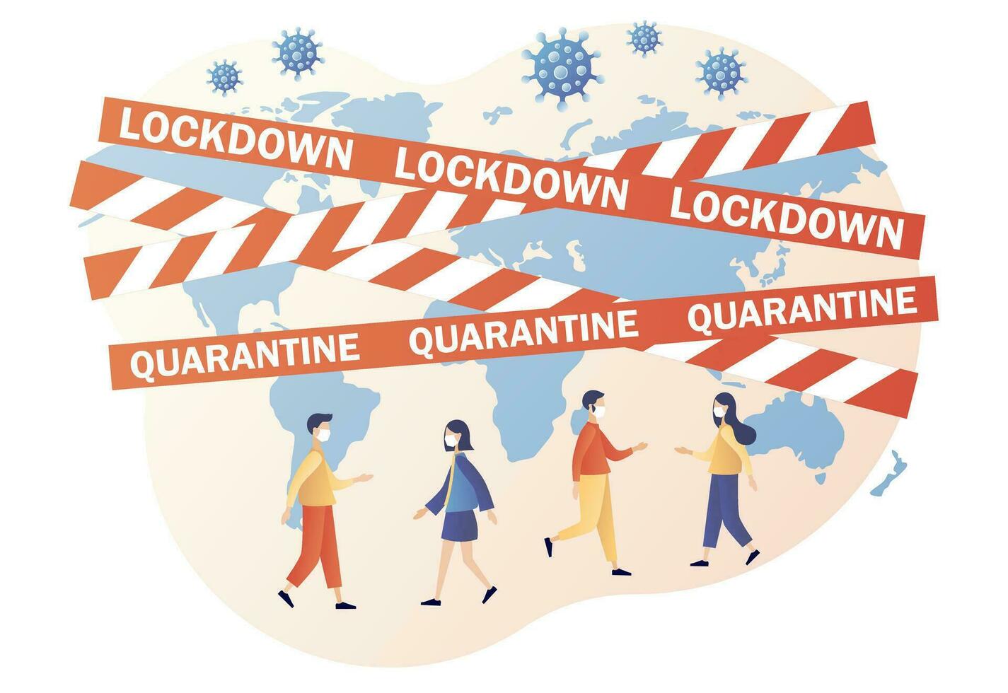 Lockdown in world countries. Warning stripes quarantine with Earth map. Danger zone. Stop COVID-19 Coronavirus. Modern flat cartoon style. Vector illustration on white background