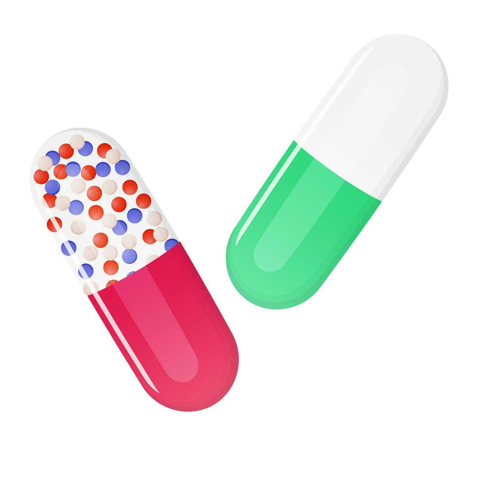 Two capsules with medicine. Pharmacy banner concept vector