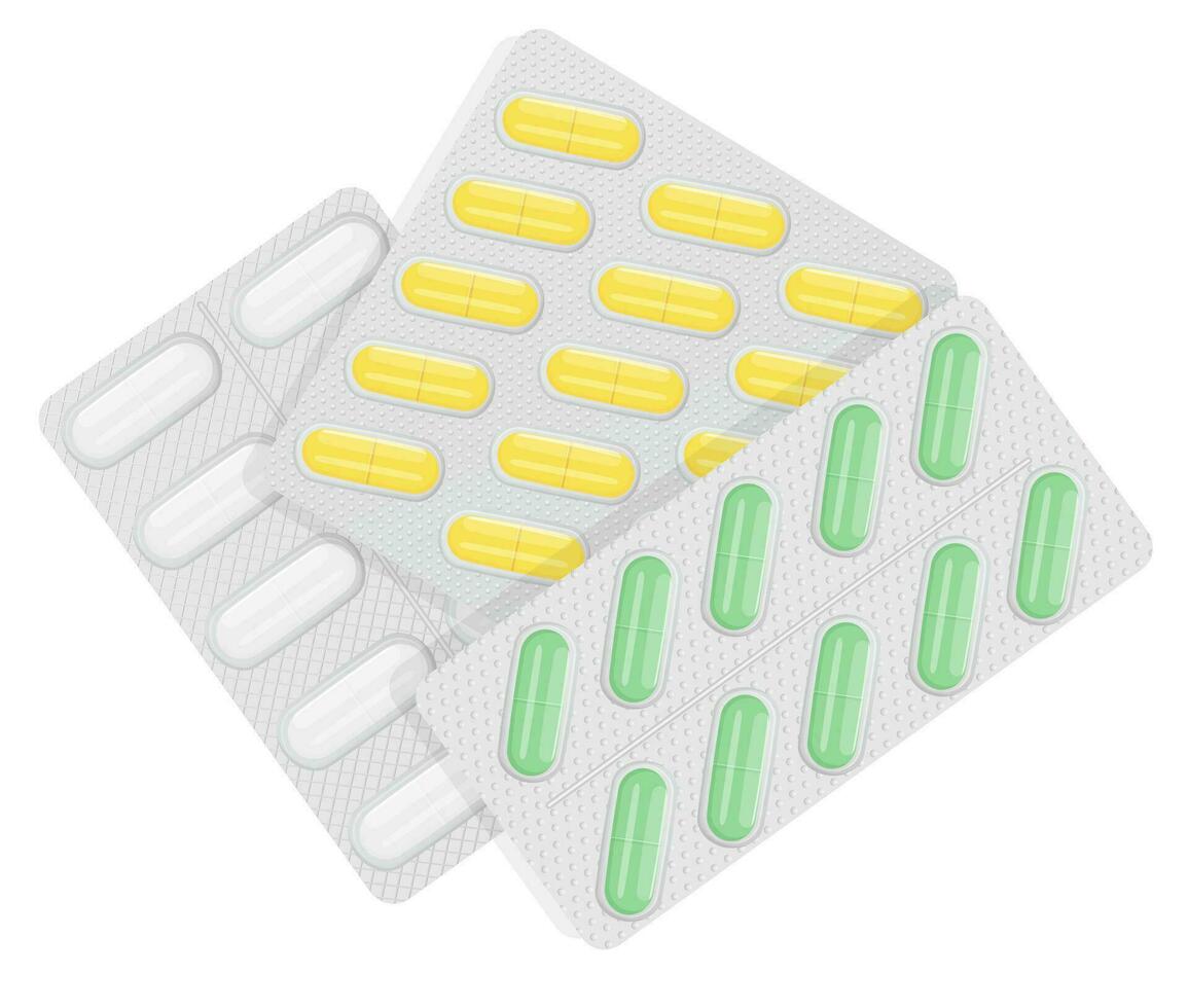 diferente color paquetes de pastillas, farmacia bandera concepto ver desde encima vector