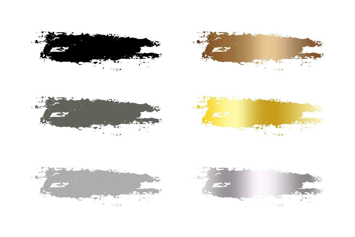 Vector metallic brush strokes. Set of hand drawn vector blots in gold, silver, copper, black and grey. Stroke paint, decorative element.