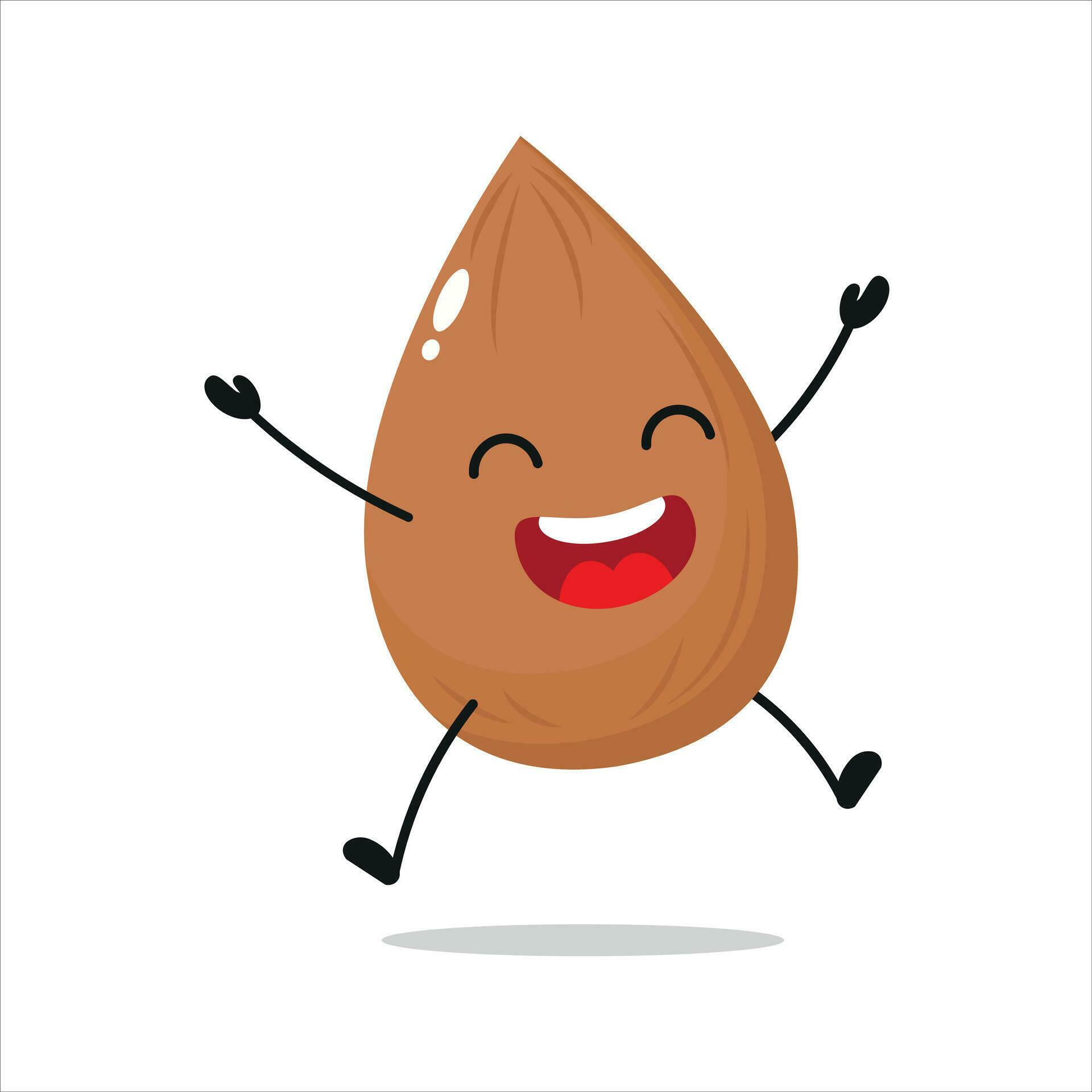 Cute happy almond character. Funny jump almond cartoon emoticon in flat