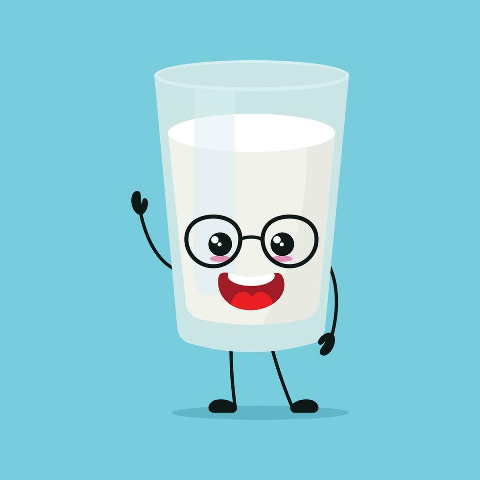 Cute happy milk glass character. Smiling and greet milk cartoon emoticon in flat style. dairy emoji vector illustration