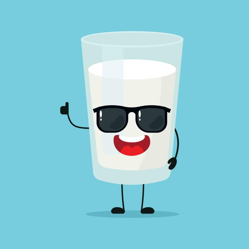 Cute happy milk glass character wear sunglasses. Funny milk greet friend cartoon emoticon in flat style. dairy emoji vector illustration