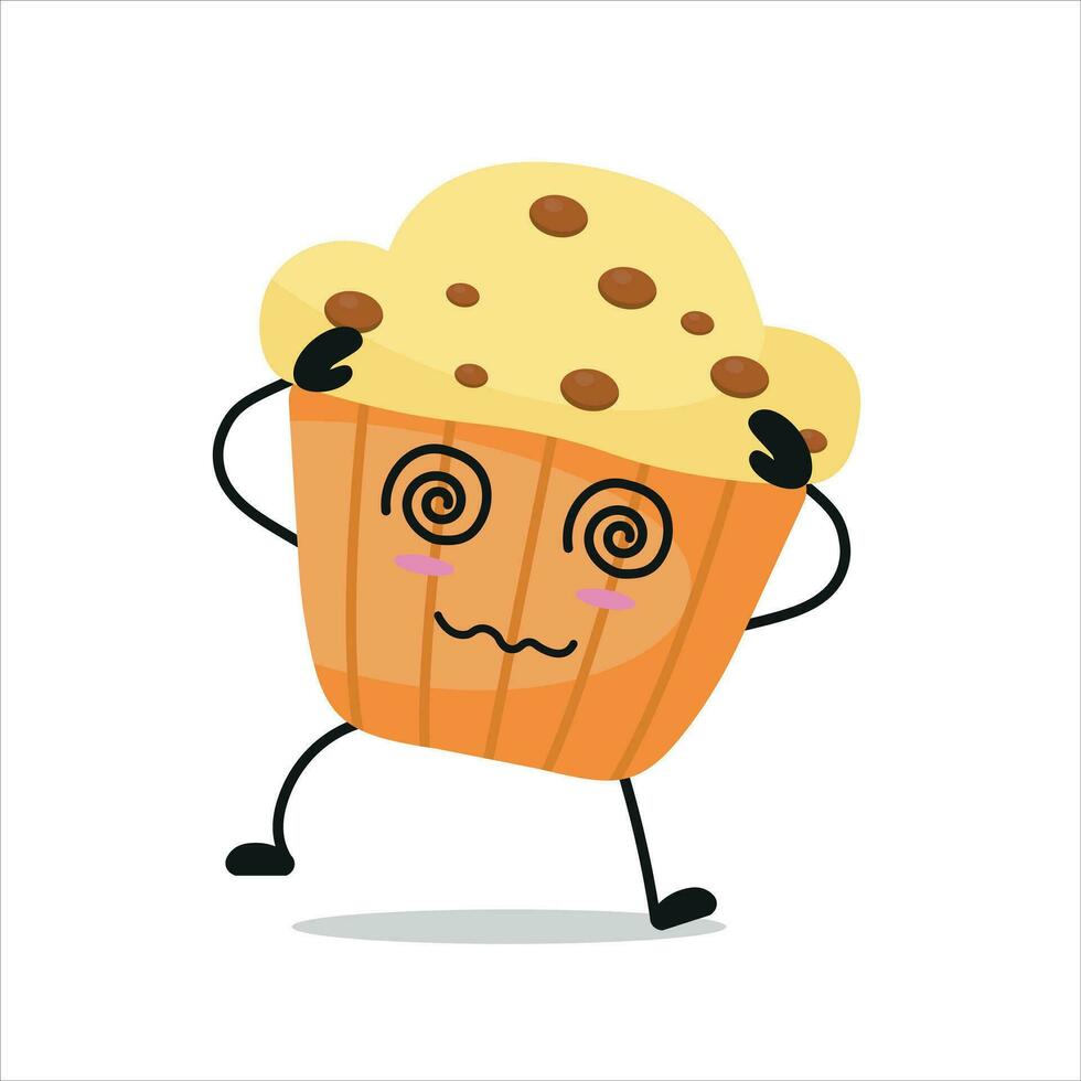 Cute dizzy muffin character. Funny drunk cupcake cartoon emoticon in flat style. bakery emoji vector illustration