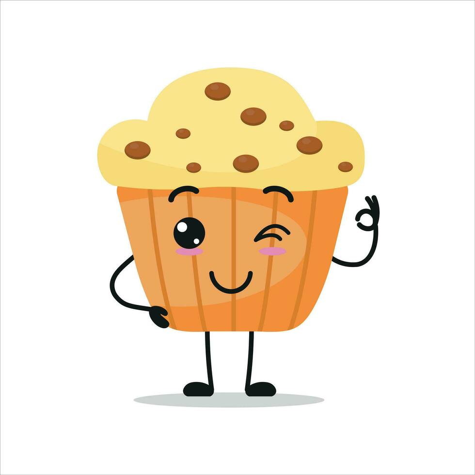 Cute happy muffin character. Funny smiling and blink cupcake cartoon emoticon in flat style. bakery emoji vector illustration