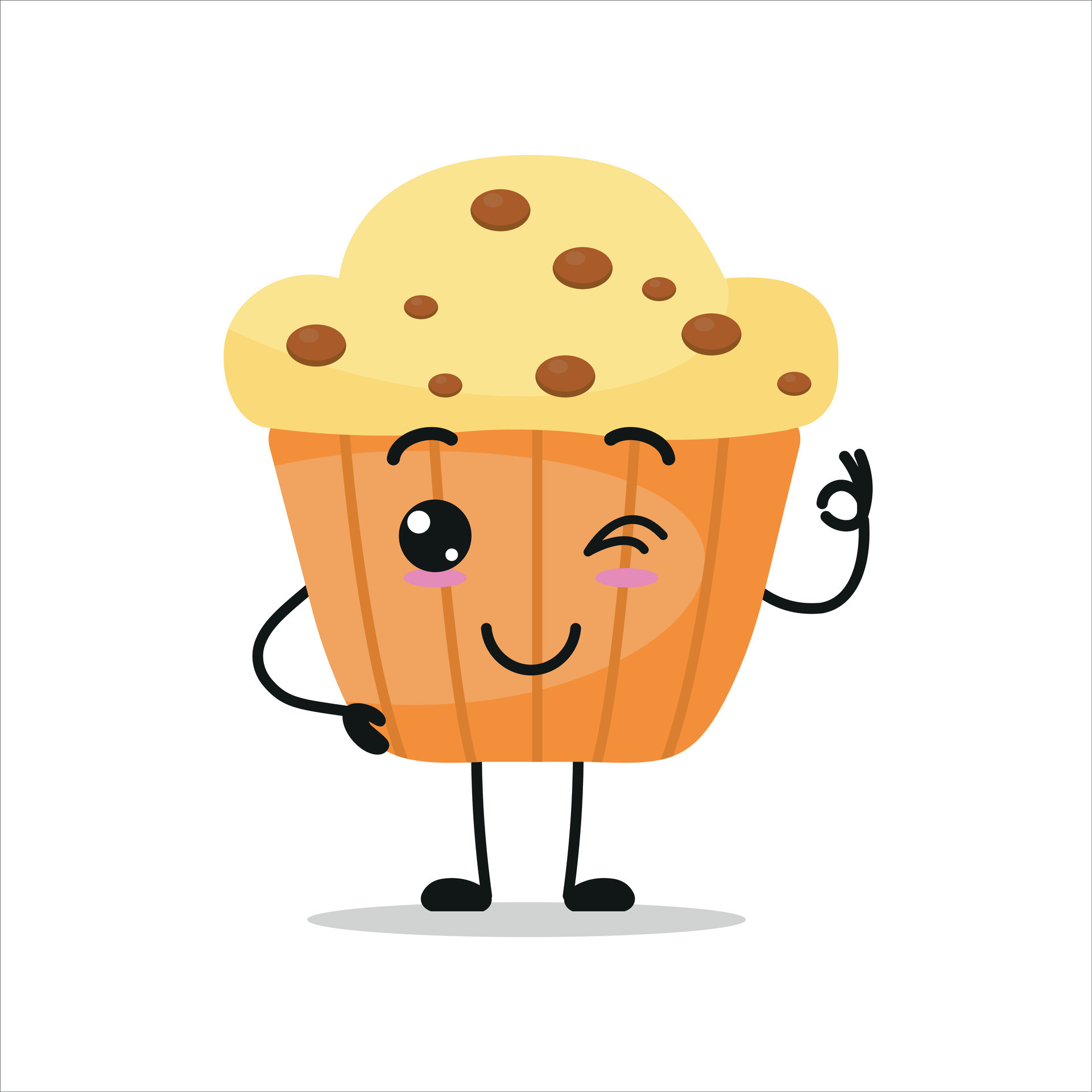 Cute happy muffin character. Funny smiling and blink cupcake cartoon