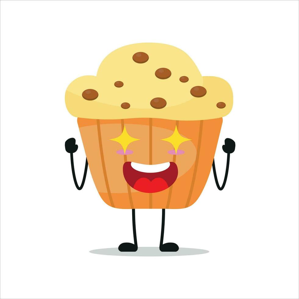 Cute excited muffin character. Funny electrifying cupcake cartoon emoticon in flat style. bakery emoji vector illustration