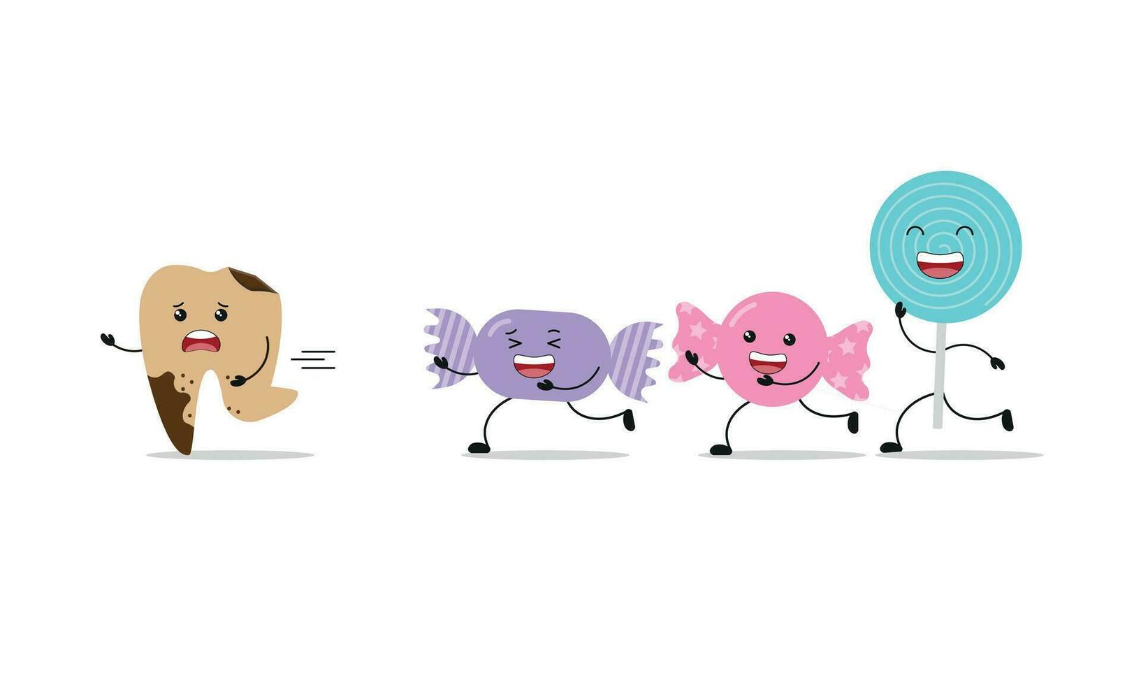 Cavity tooth run away from sweets candy illustration cartoon character vector design on white background. Dental care concept.