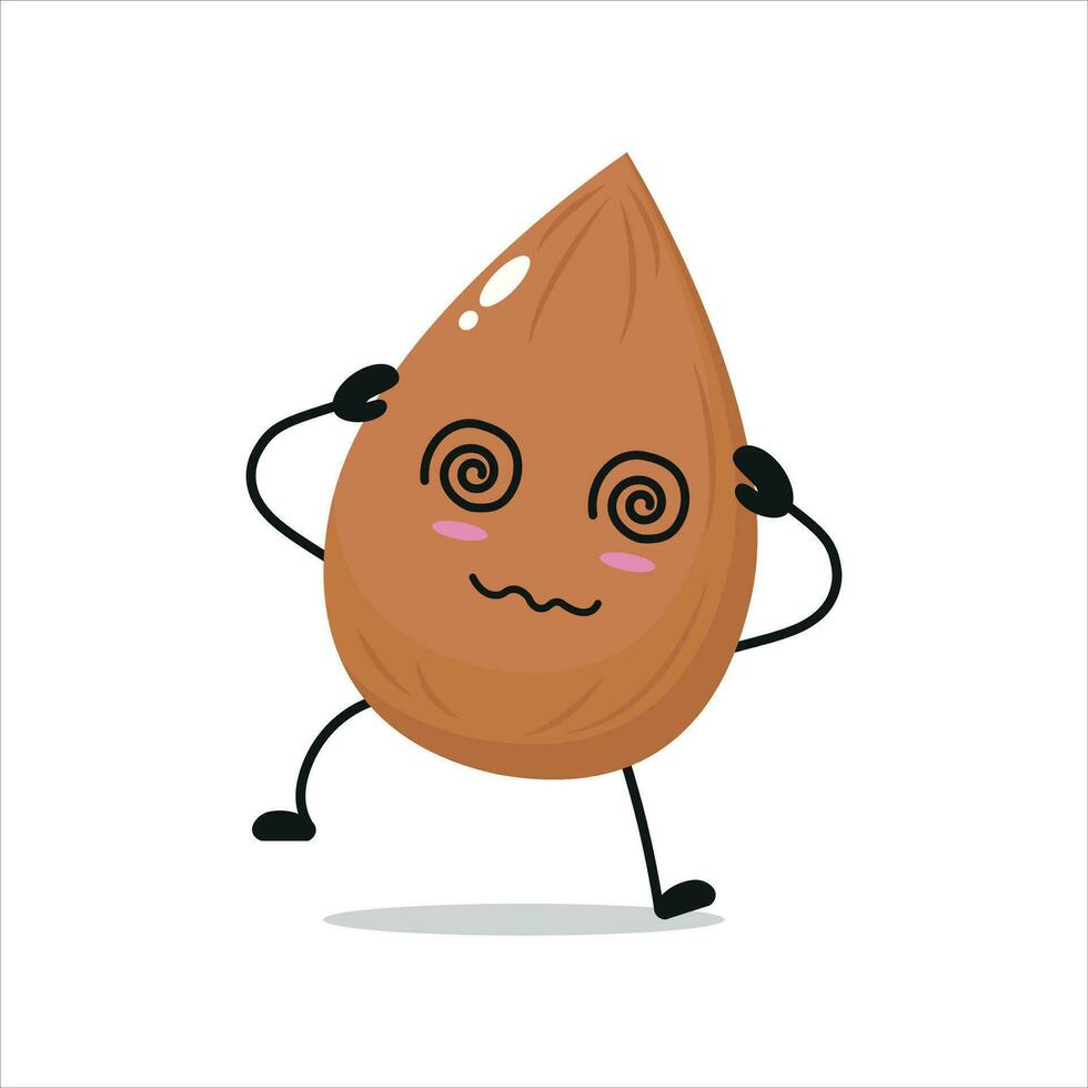 Cute dizzy almond character. Funny drunk almond cartoon emoticon in flat style. vegetable emoji vector illustration